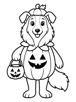 Free printable Collie In Pumpkin Halloween Costume coloring page