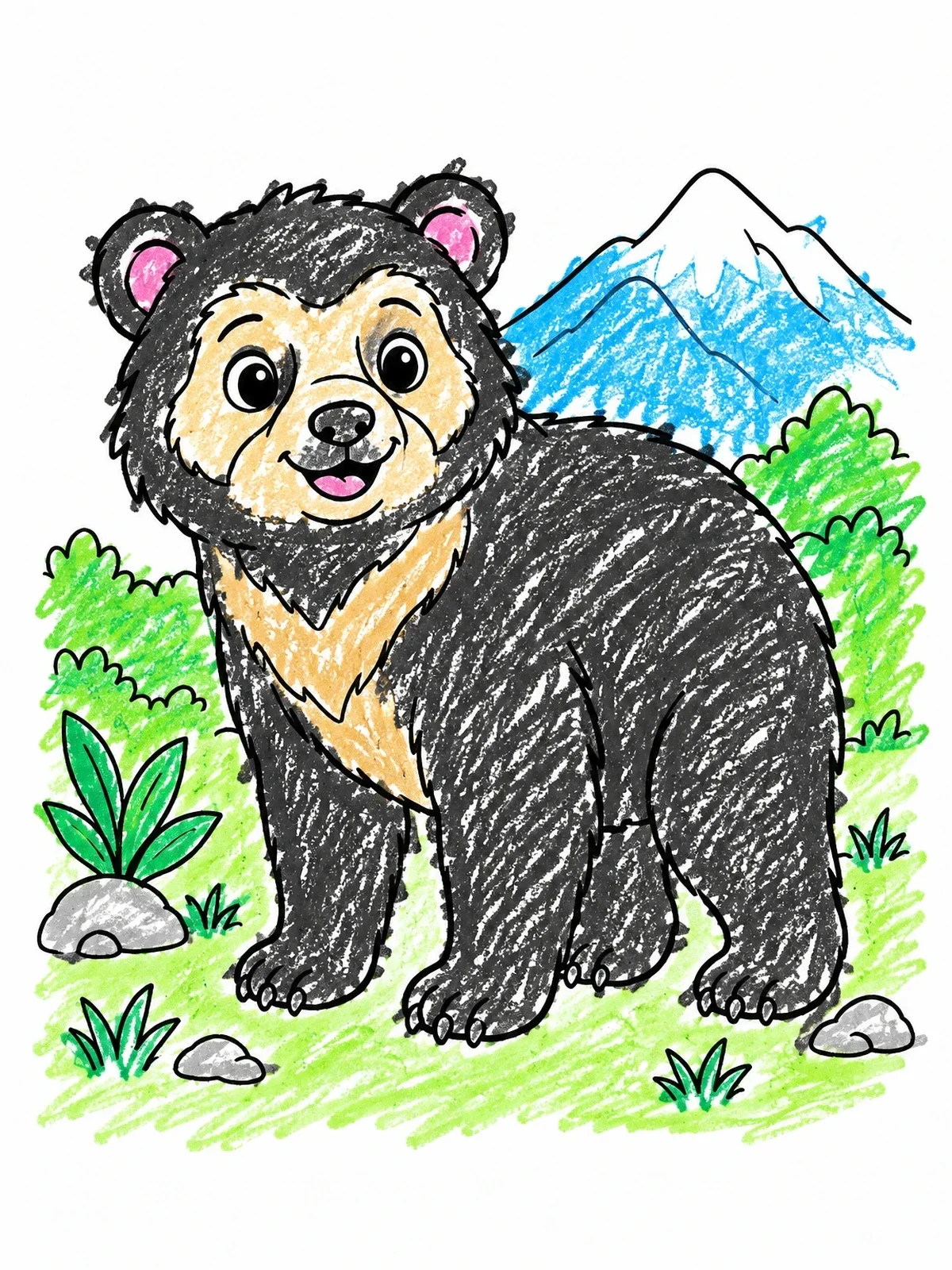 Colored example of the Cute Spectacled Bear In Nature coloring page