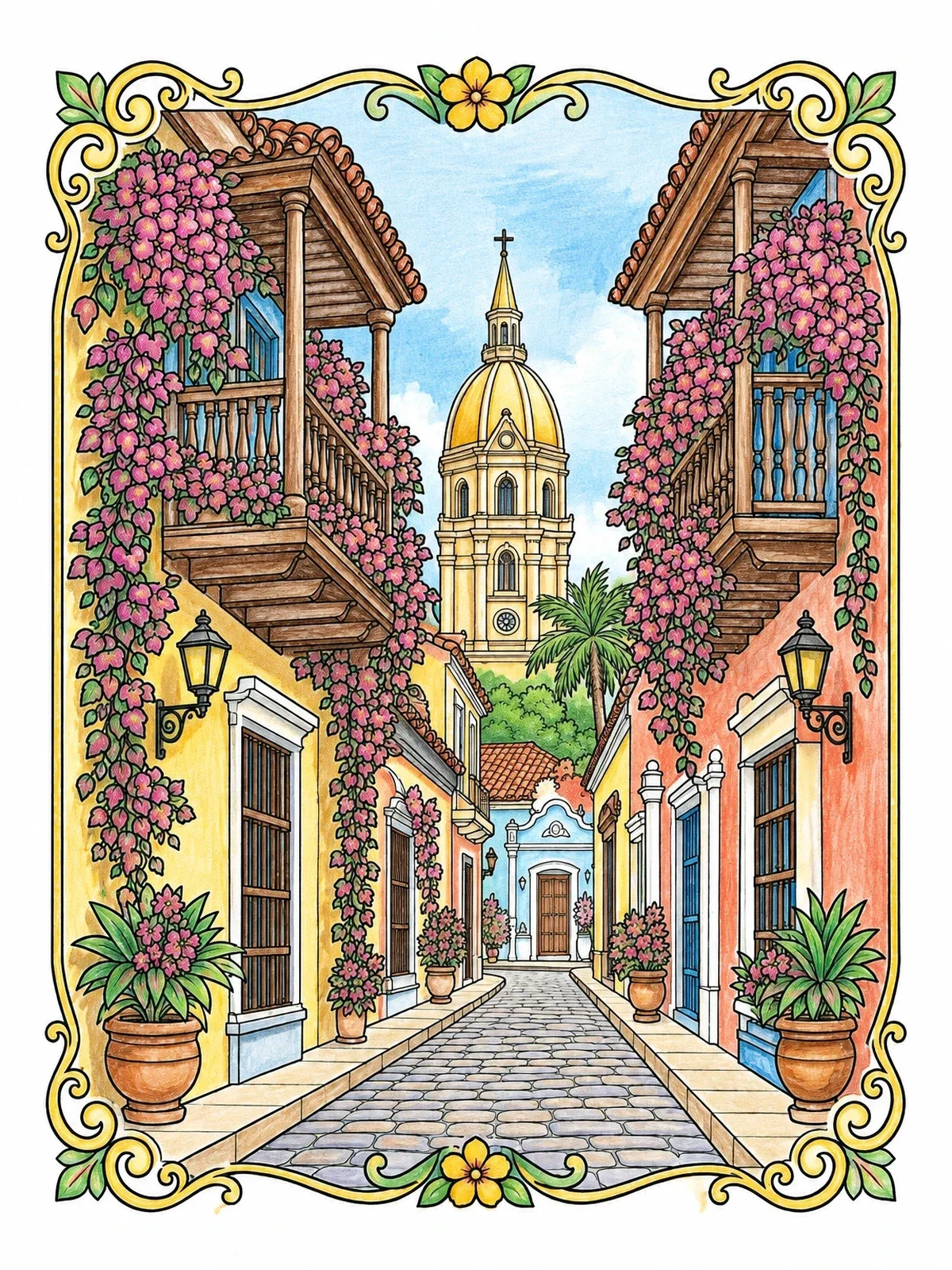 Colored example of the Historic Cartagena Colonial Street coloring page