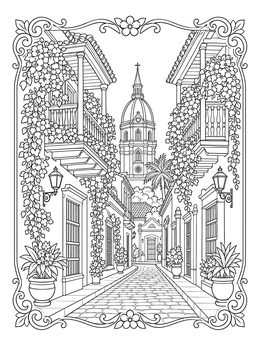 Free printable Historic Cartagena Colonial Street coloring page
