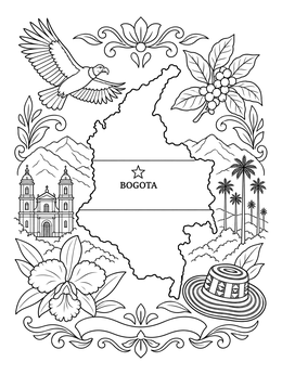 Free printable Colombia Map And Cultural Emblems coloring page