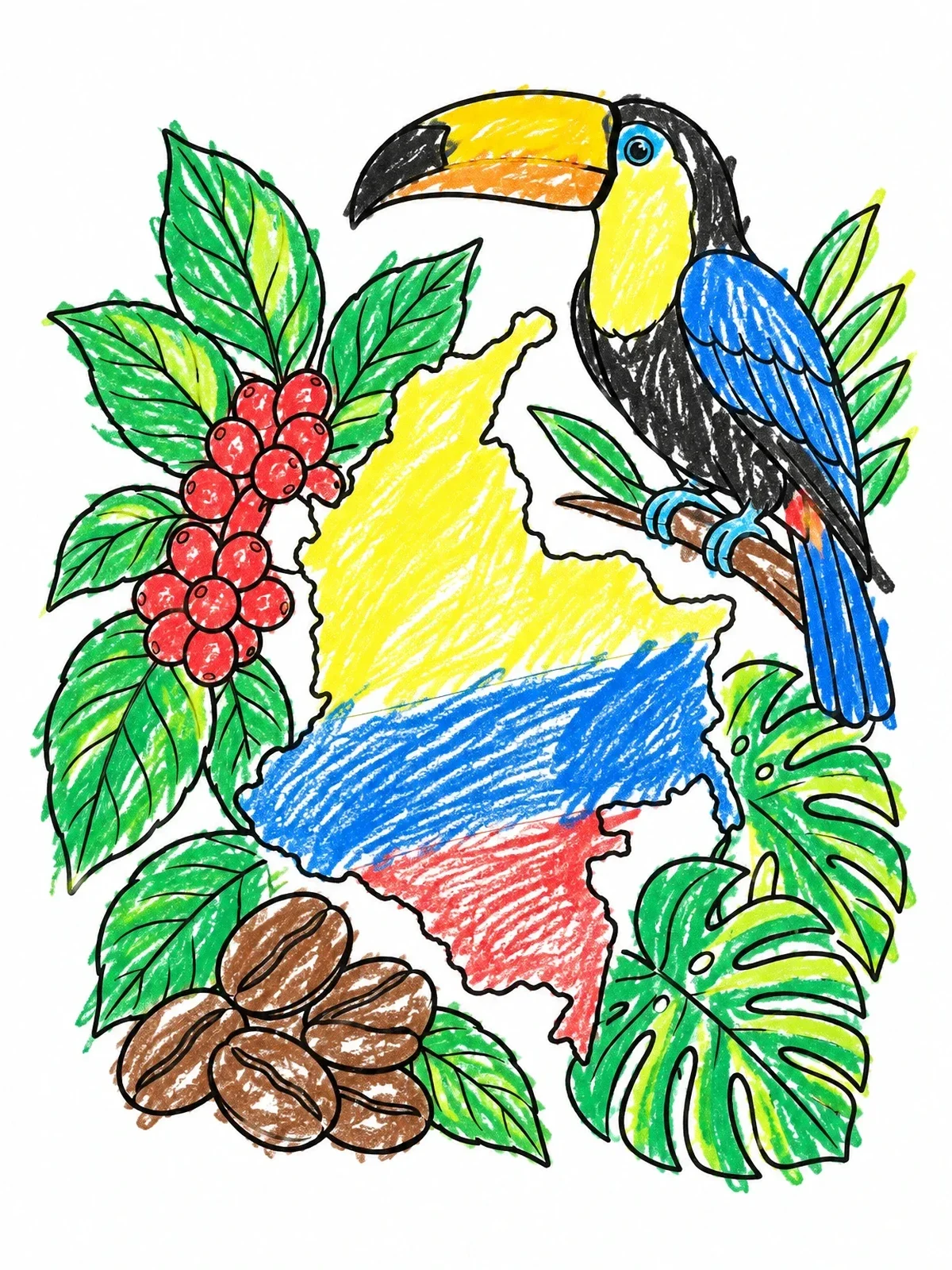 Colored example of the Colombia Map With Toucan And Coffee coloring page
