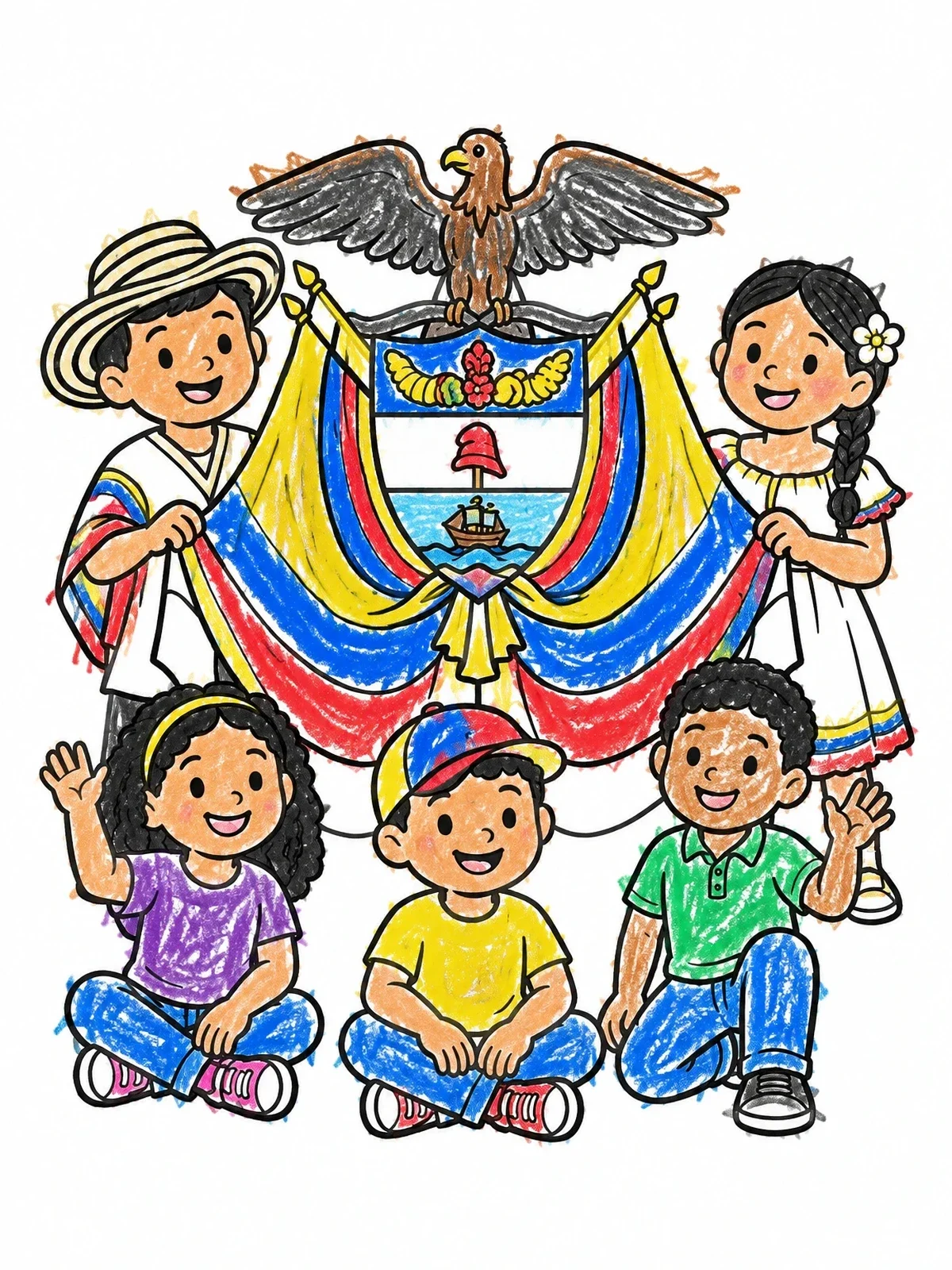Colored example of the Children With Colombian Coat Of Arms coloring page