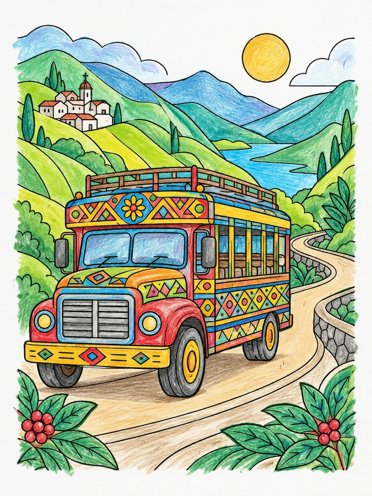 Colored example of the Colombian Chiva Bus On Mountain Road coloring page