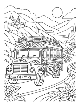 Free printable Colombian Chiva Bus On Mountain Road coloring page