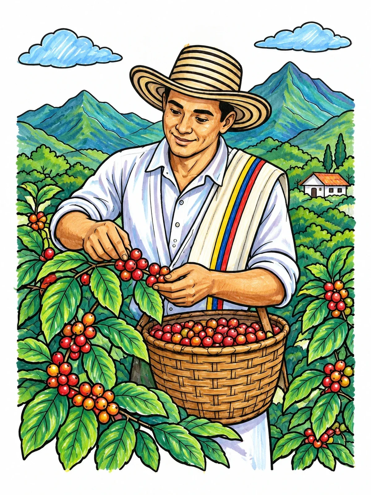 Colored example of the Colombian Coffee Farmer In The Andes coloring page