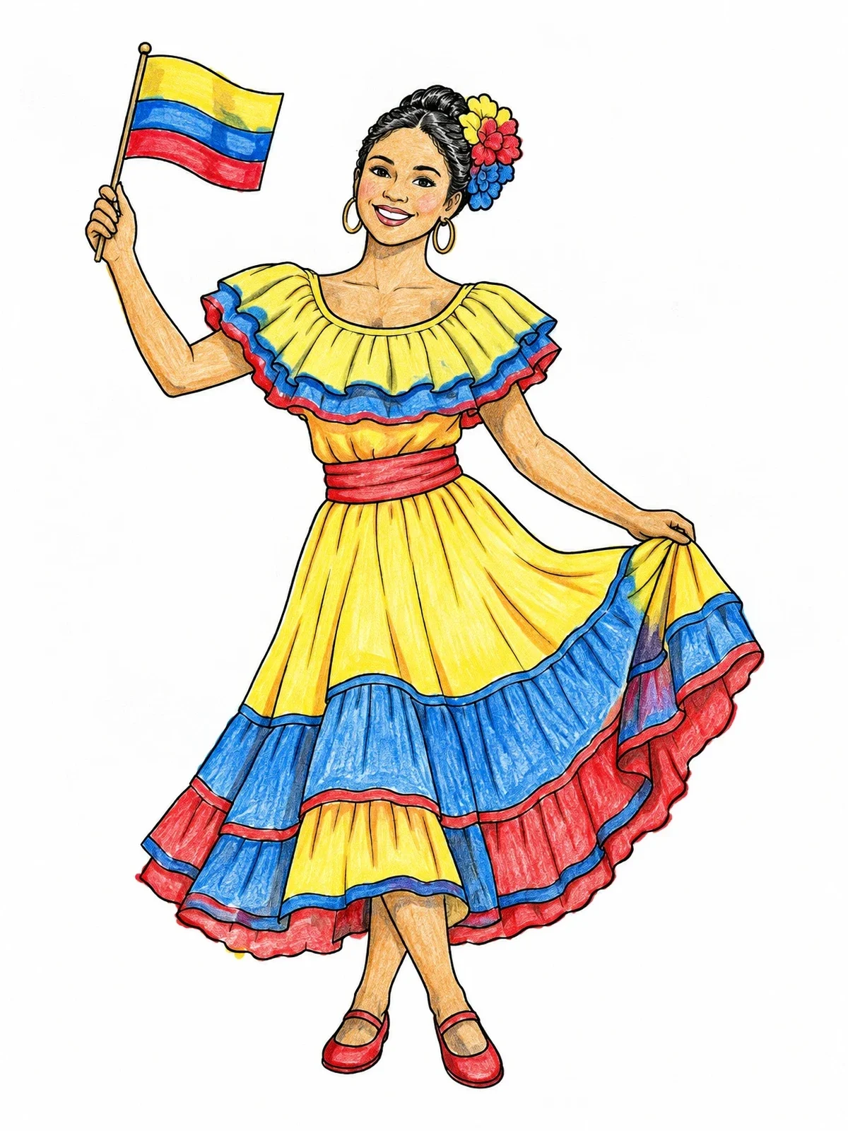 Colored example of the Colombian Dancer With Flag coloring page