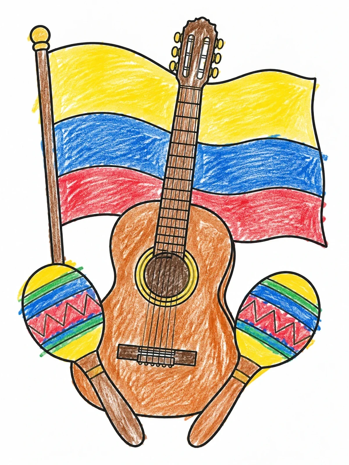 Colored example of the Colombian Flag With Guitar And Maracas coloring page