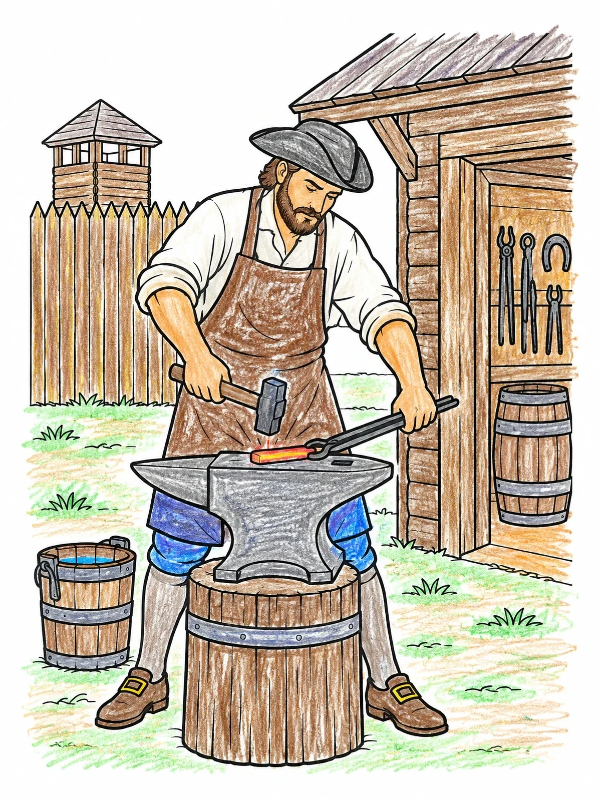 Colored example of the Colonial Blacksmith At The Anvil coloring page