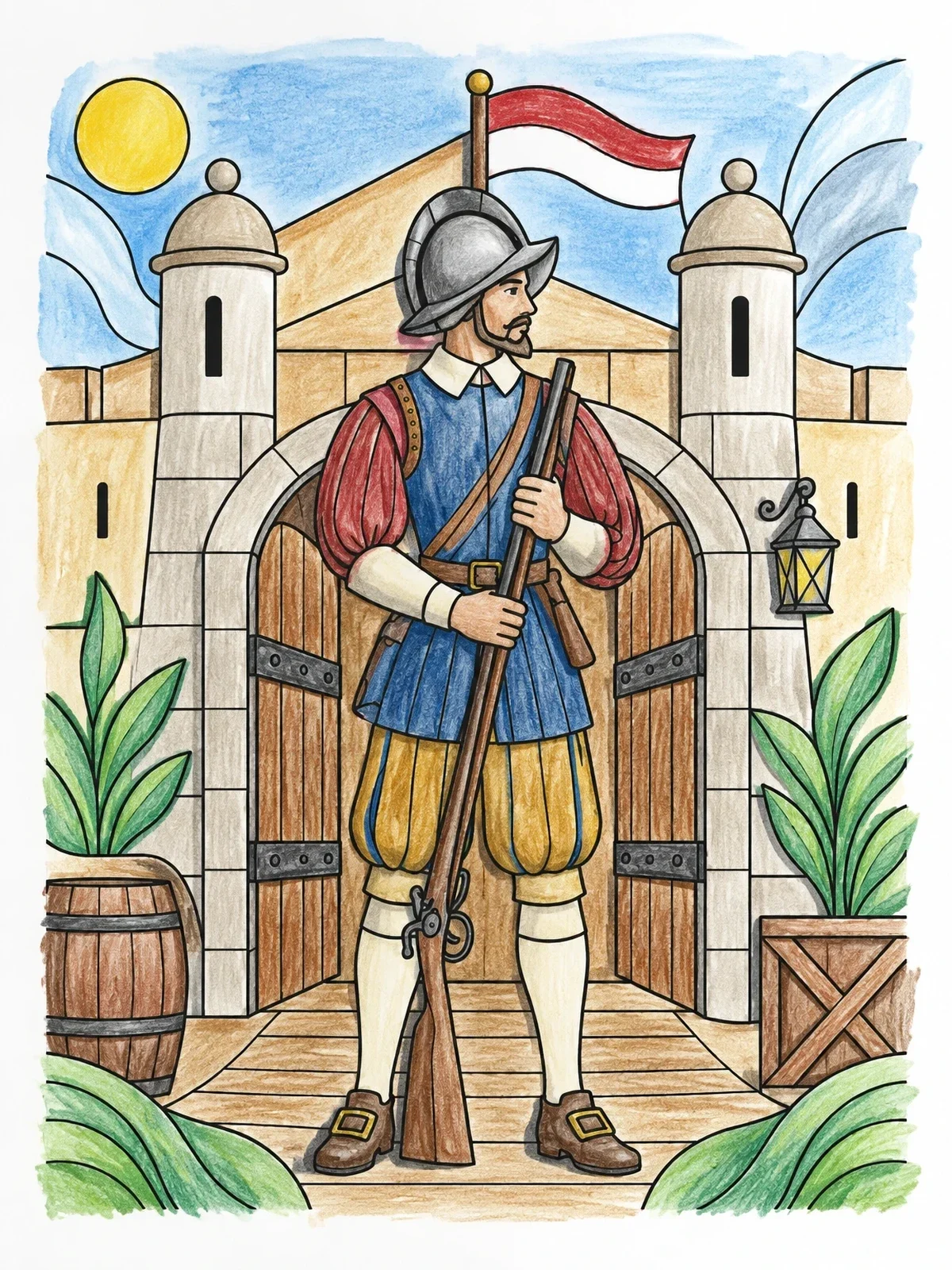 Colored example of the Colonial Sentry At The Fort Gate coloring page