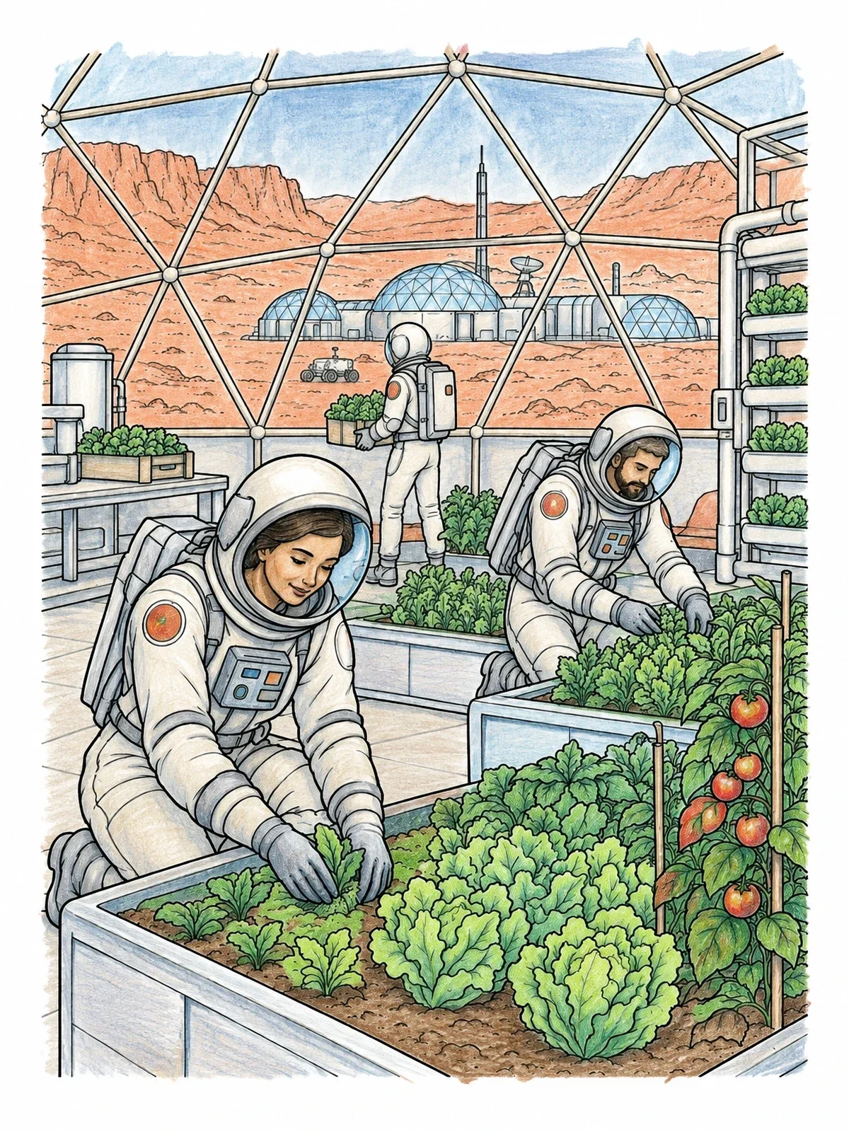 Colored example of the Astronauts Farming In A Mars Biodome coloring page