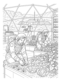 Astronauts tend crops in this Mars greenhouse colony coloring page overlooking the red planet.