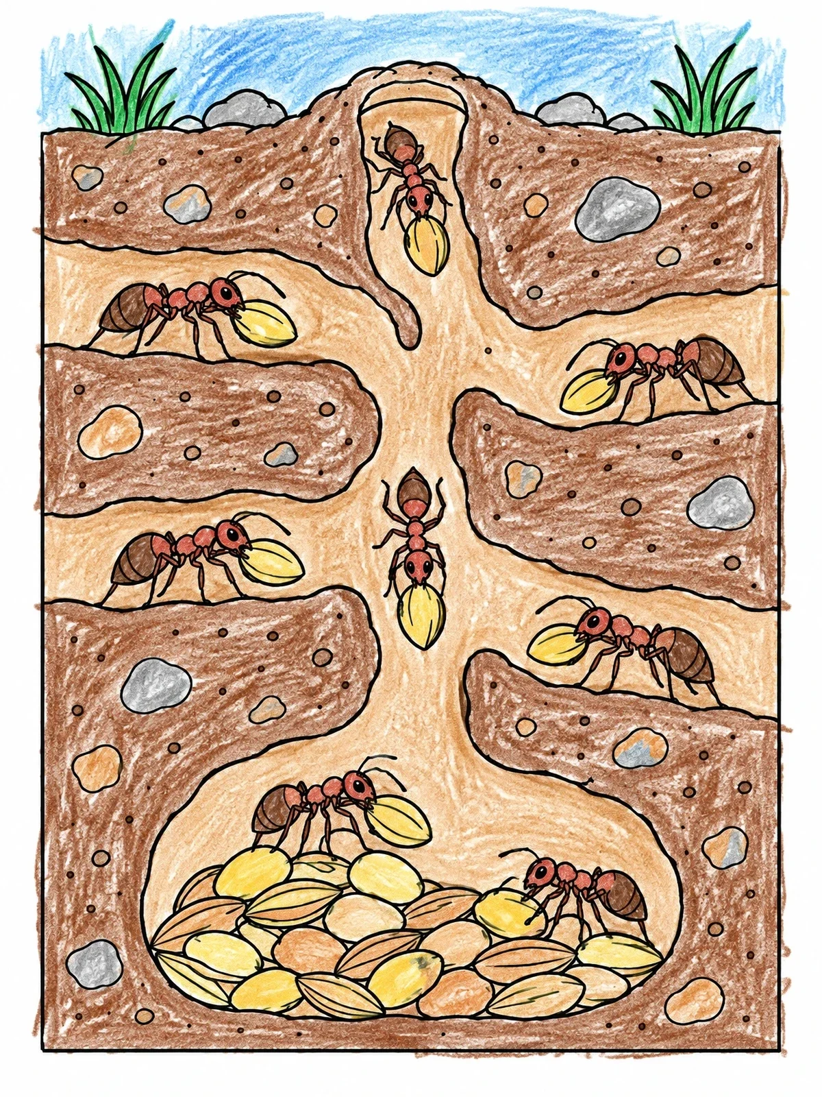 Colored example of the Busy Ants In Underground Tunnels coloring page