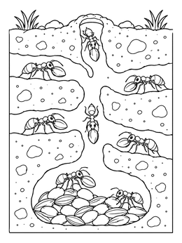 An underground ant colony coloring page showing worker ants carrying seeds to their storage chamber.