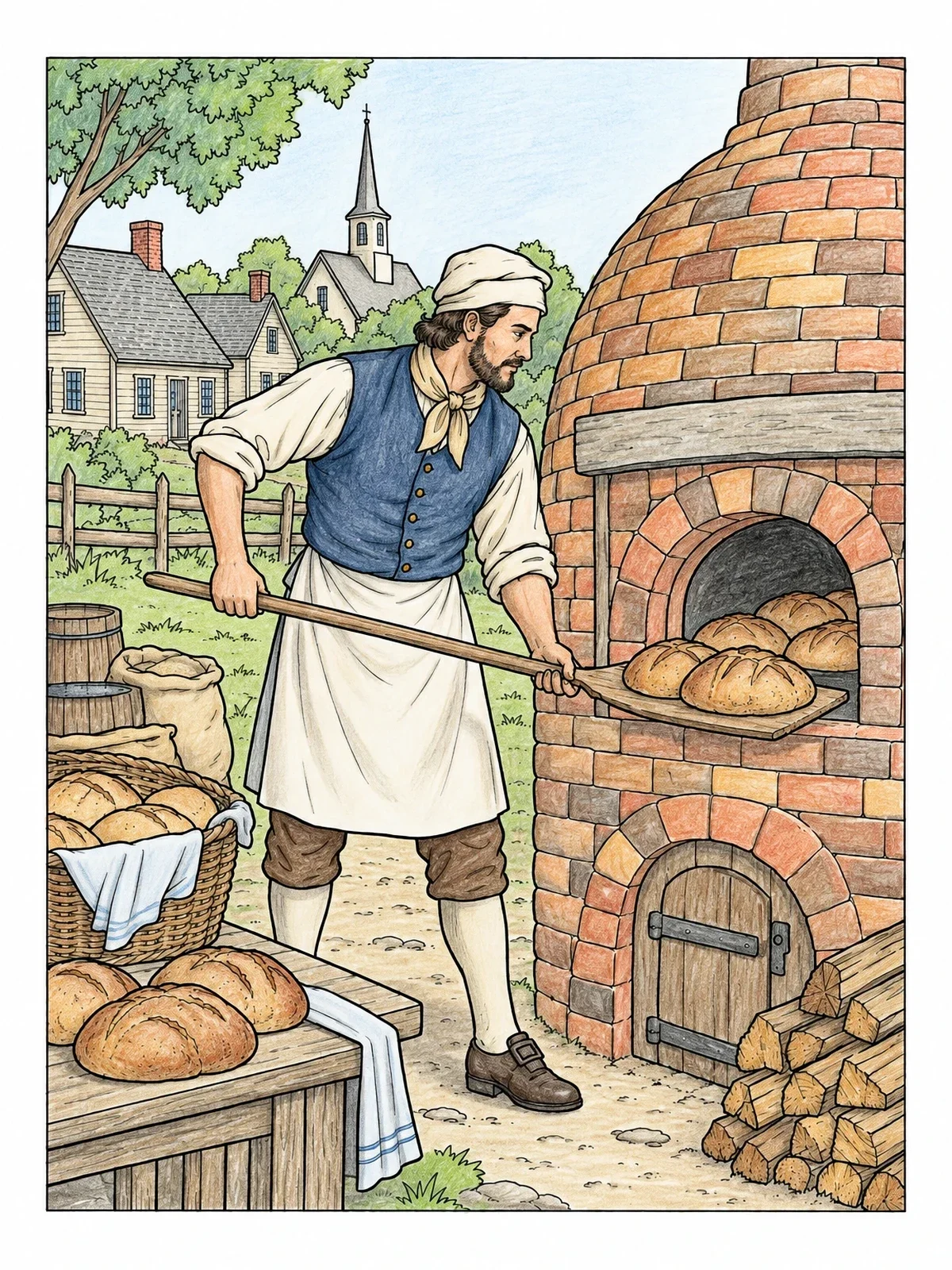 Colored example of the Colonial Baker At The Brick Oven coloring page