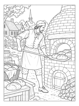 A colonial baker takes bread from an oven in this colony coloring page.