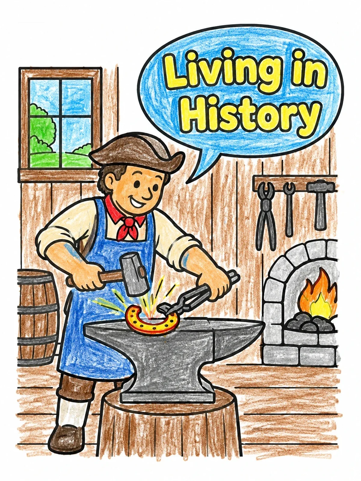 Colored example of the Colonial Blacksmith At The Anvil coloring page
