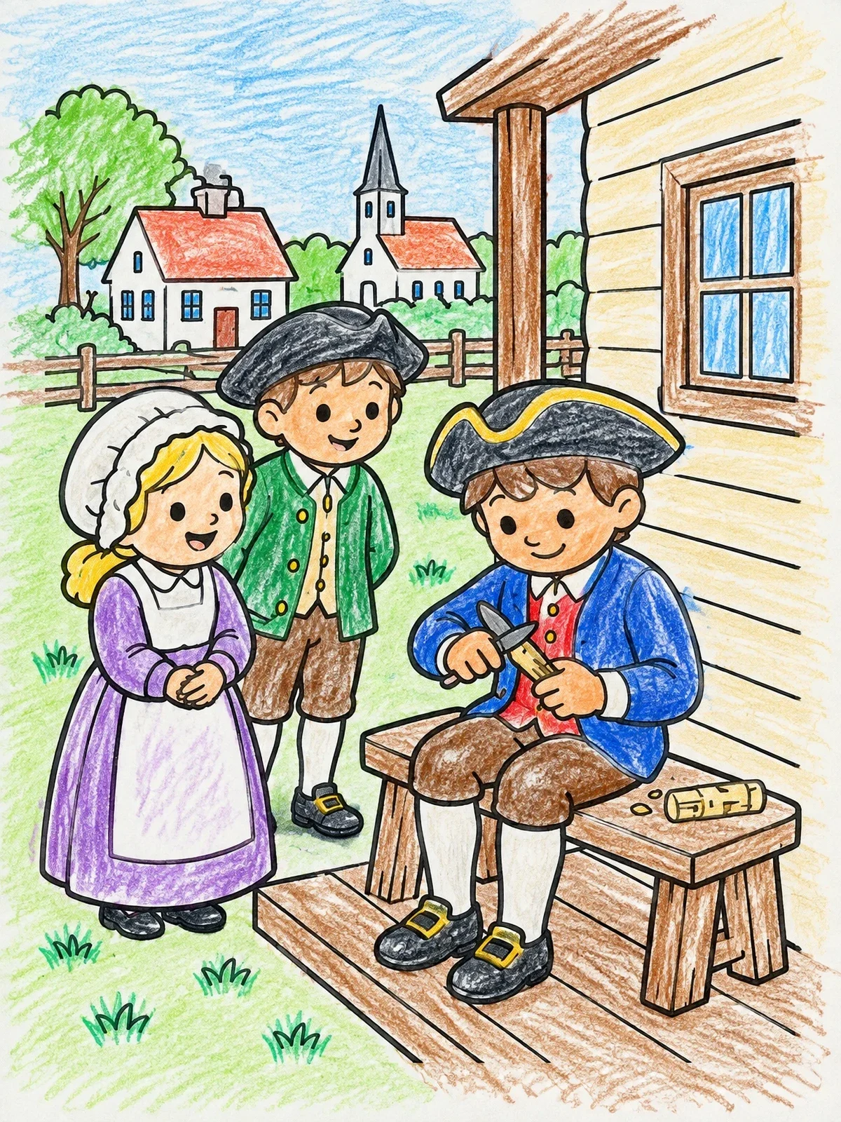 Colored example of the Colonial Children And Wood Carving coloring page