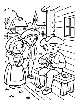 Free printable Colonial Children And Wood Carving coloring page