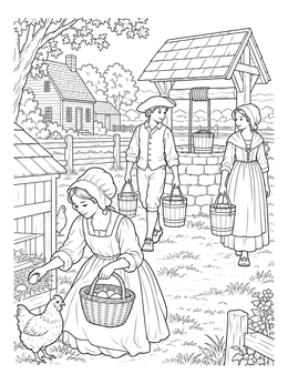 A peaceful colony coloring page depicting colonial children gathering eggs and fetching well water.