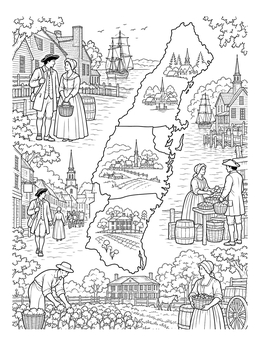 A detailed colony coloring page featuring a regional map surrounded by vignettes of early settlement life.