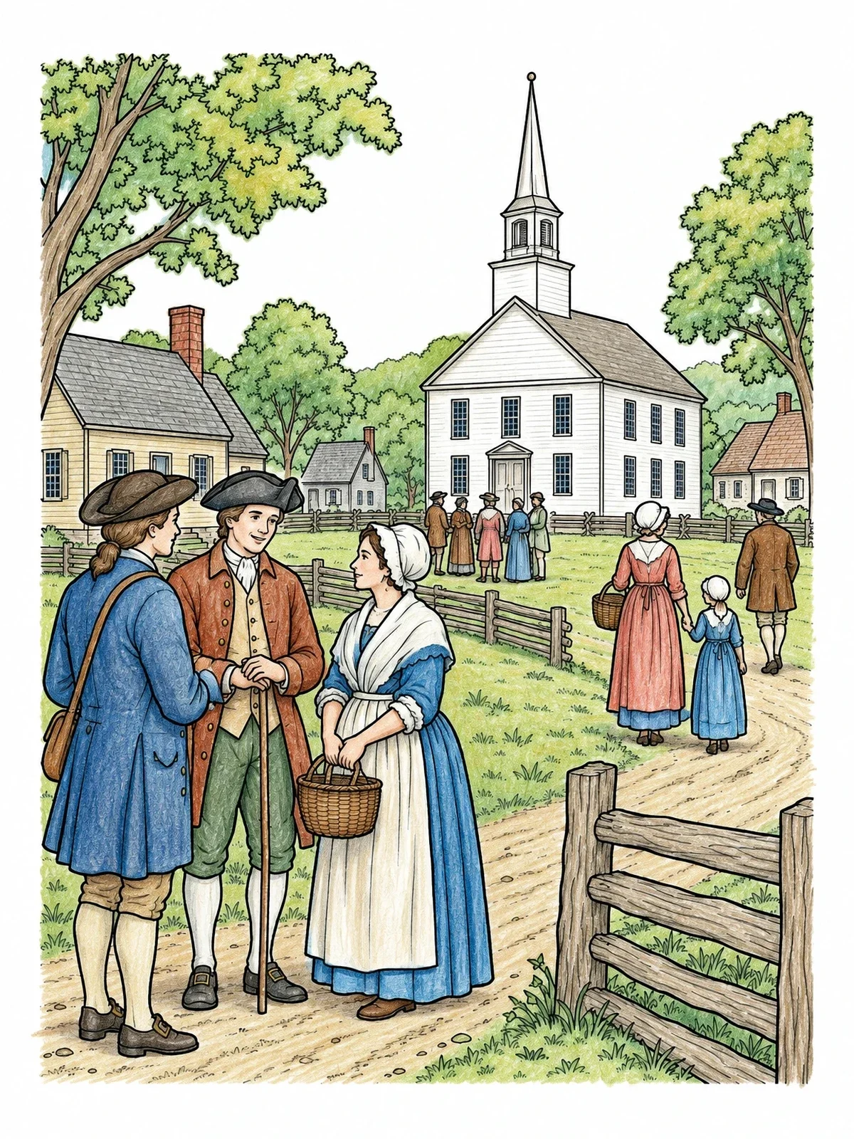 Colored example of the Colonial Village Green And Meetinghouse coloring page
