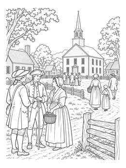 Townspeople gathering near a church in this historic colony coloring page.