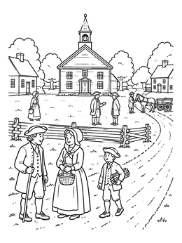 Free printable Colonial Village Green With Meetinghouse coloring page