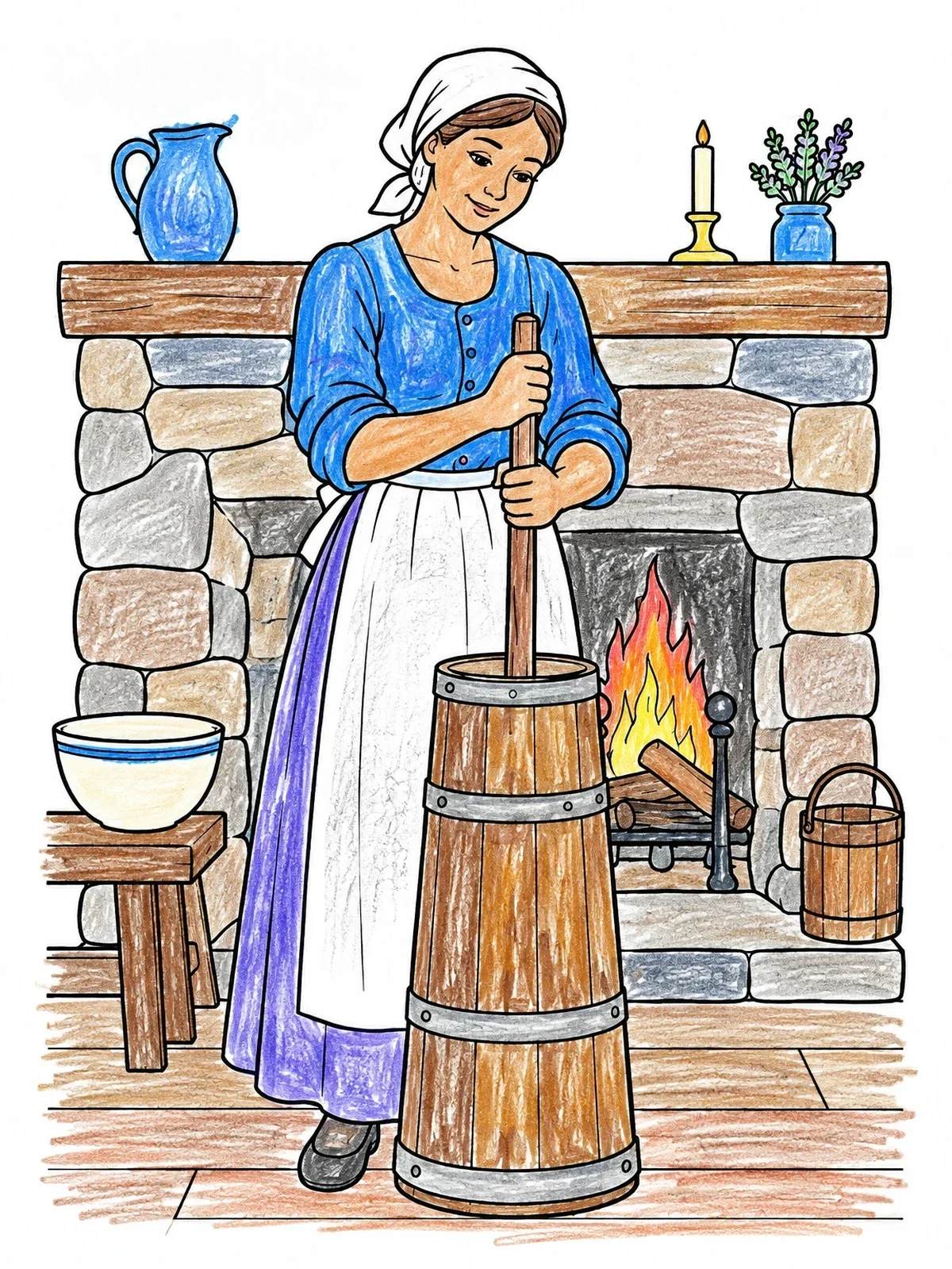 Colored example of the Colonial Woman Churning Butter By Fireplace coloring page