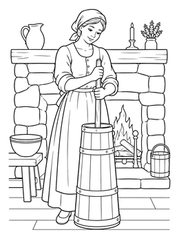 Free printable Colonial Woman Churning Butter By Fireplace coloring page