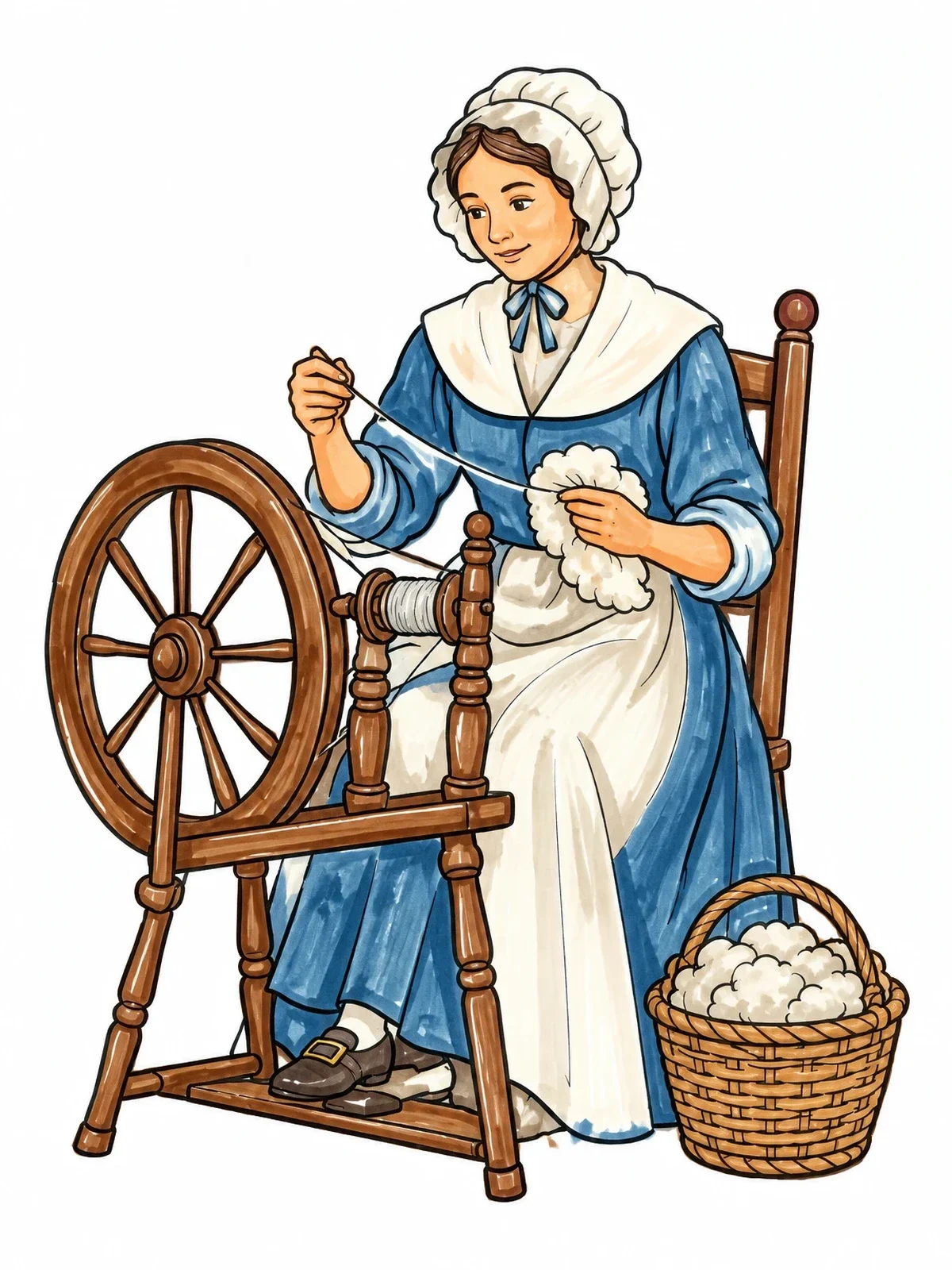 Colored example of the Colonial Woman At The Spinning Wheel coloring page