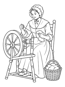 A woman working at a wooden wheel in this colony coloring page.