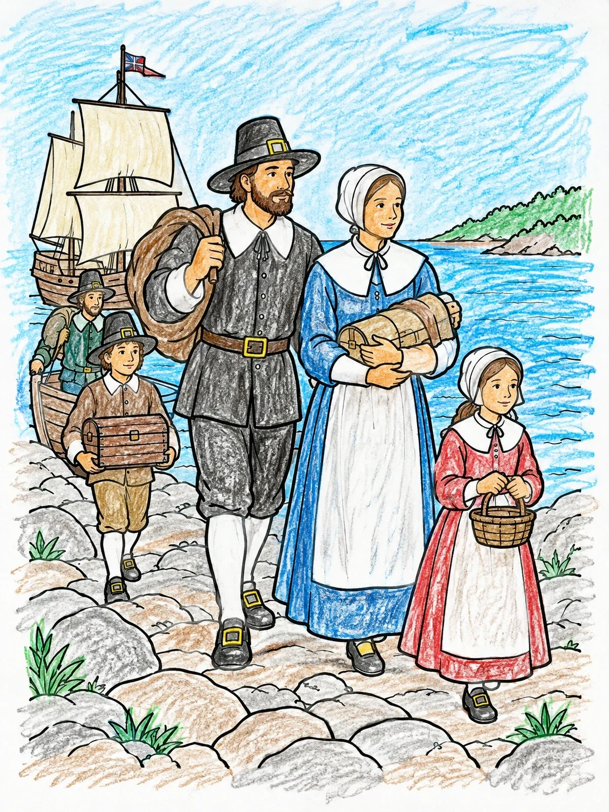 Colored example of the Pilgrim Family Arriving On Shore coloring page
