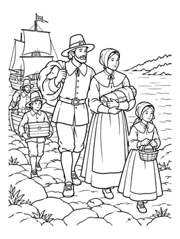 Free printable Pilgrim Family Arriving On Shore coloring page