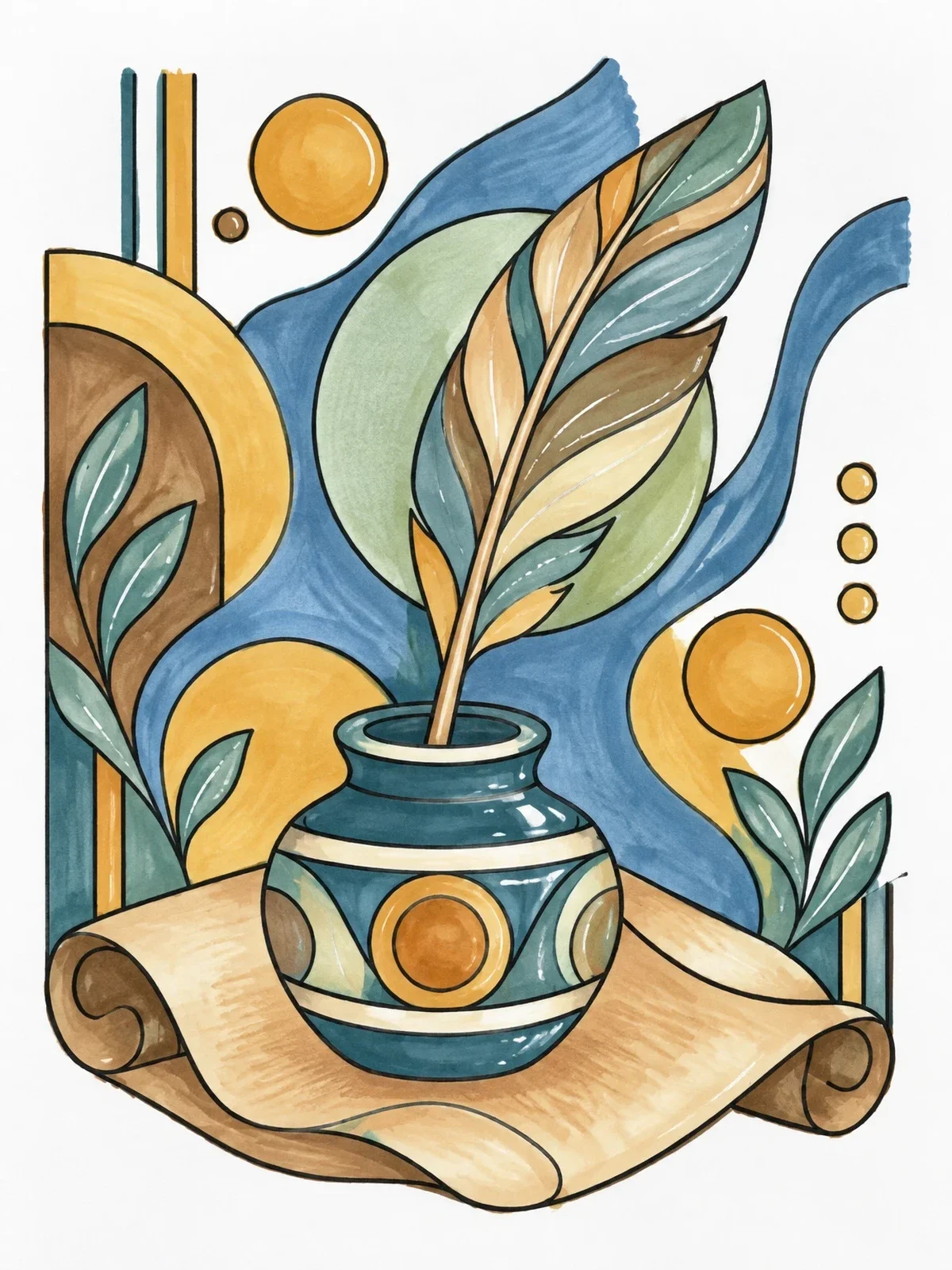 Colored example of the Quill Pen And Inkpot Still Life coloring page