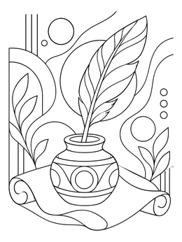 A decorative colony coloring page showing a feather quill in an inkpot rested on parchment.