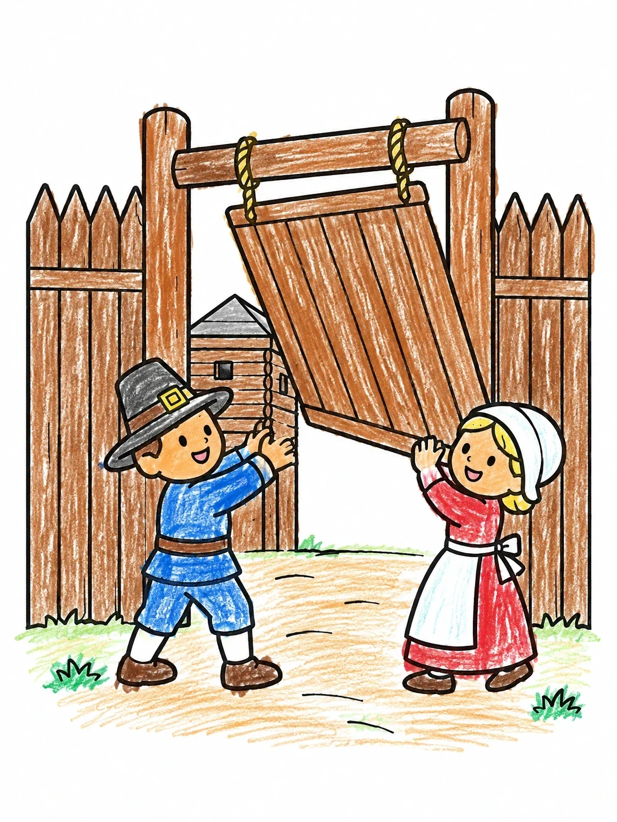 Colored example of the Settler Children Opening Fort Gate coloring page