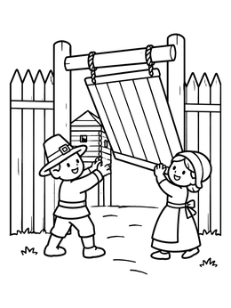 Free printable Settler Children Opening Fort Gate coloring page