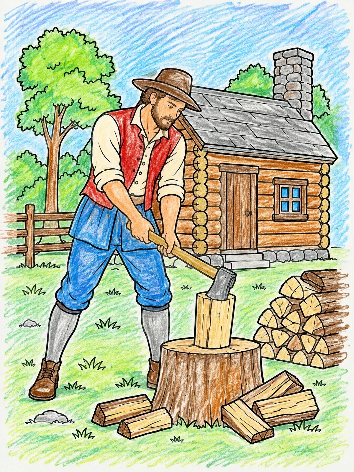 Colored example of the Settler Chopping Firewood By Cabin coloring page