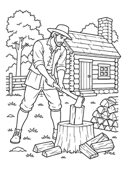 Free printable Settler Chopping Firewood By Cabin coloring page