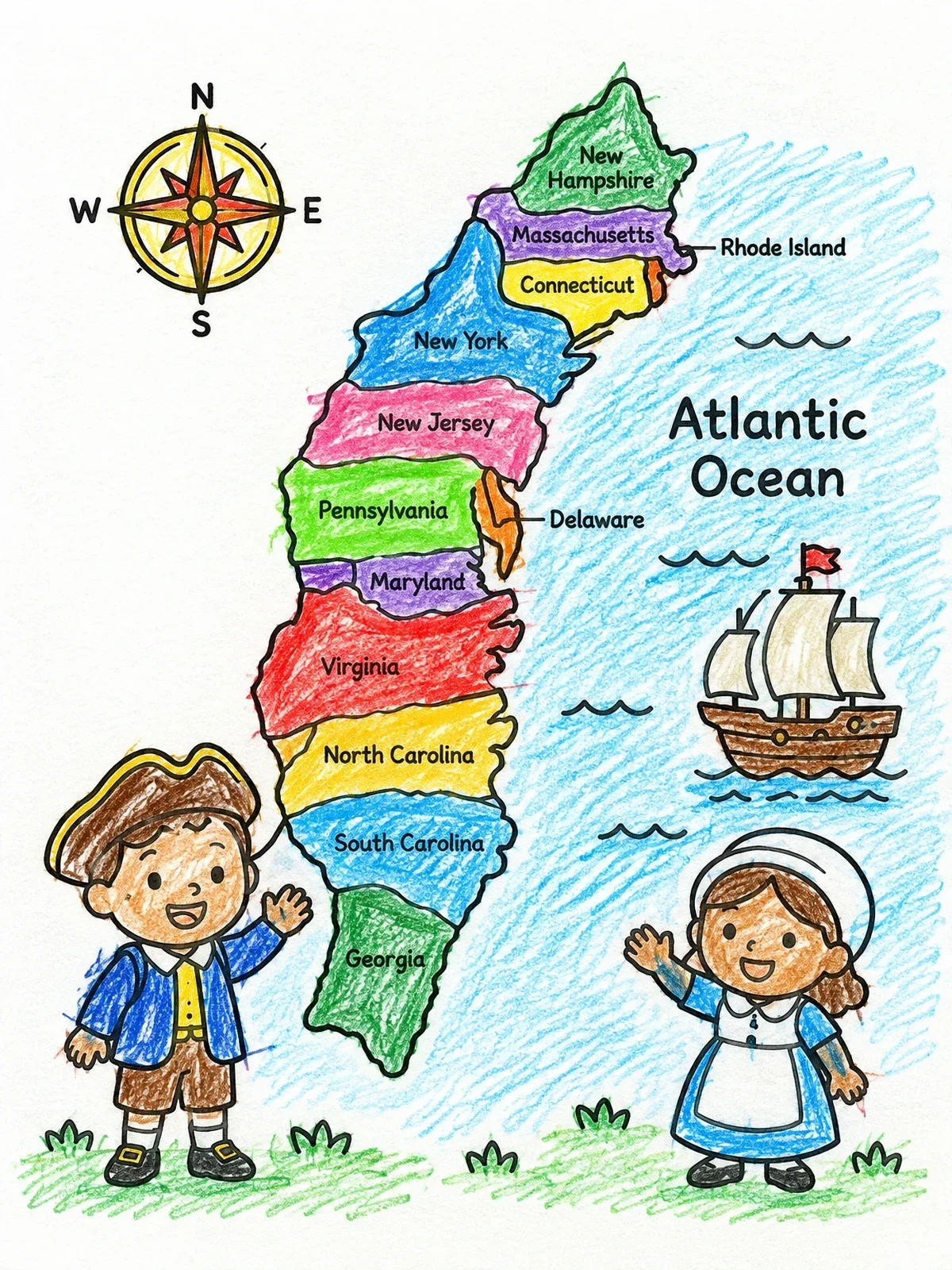 Colored example of the Thirteen Colonies Map With Colonial Children coloring page