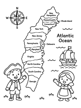 Free printable Thirteen Colonies Map With Colonial Children coloring page