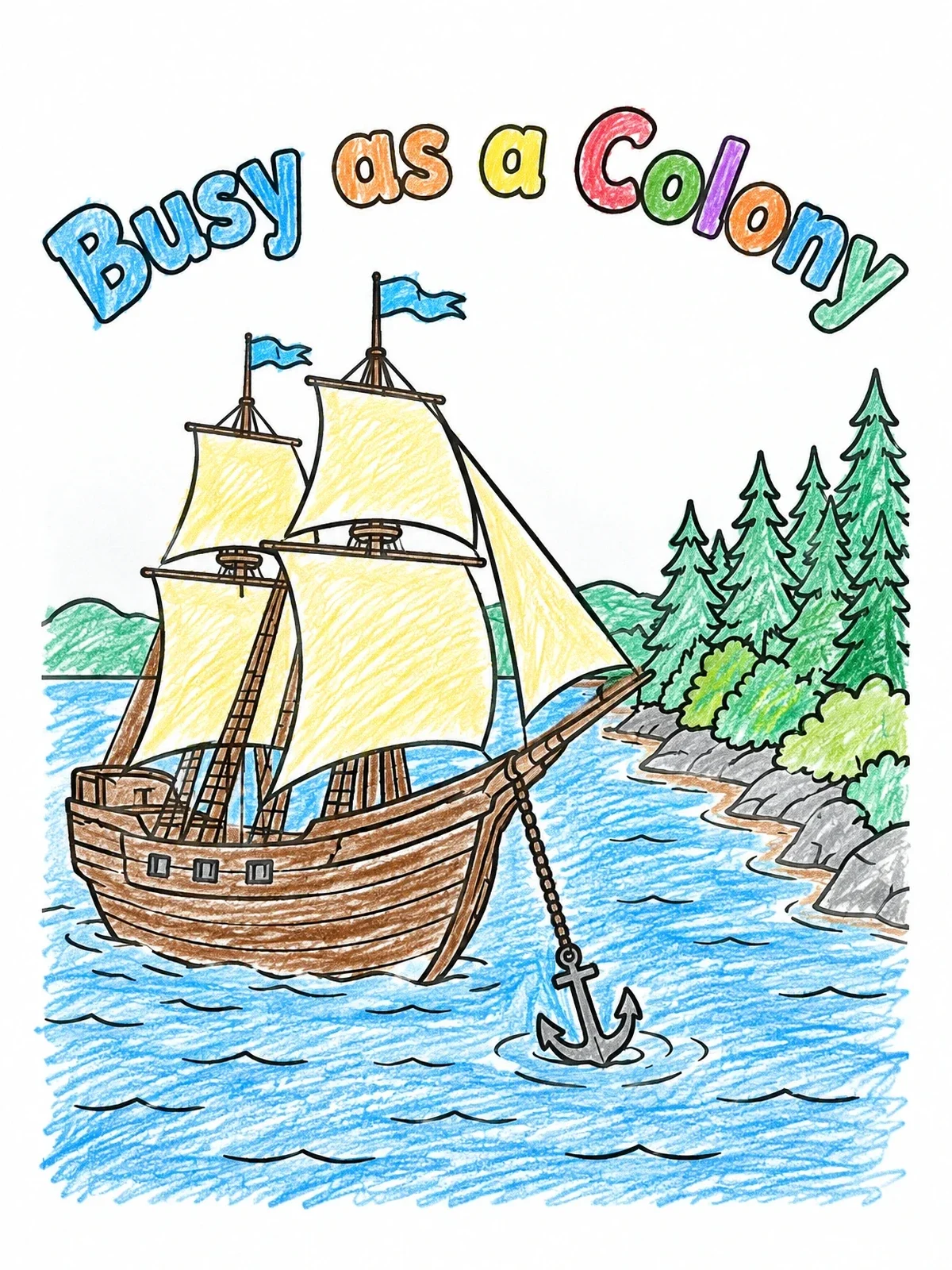 Colored example of the Sailing Ship Dropping Anchor coloring page