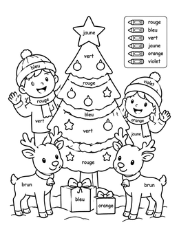 Free printable Color By French Words Christmas Scene coloring page