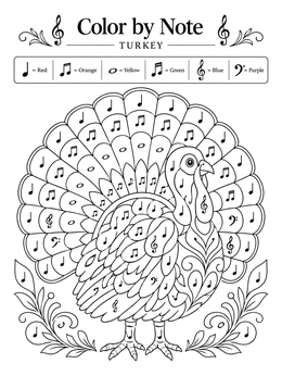 A Thanksgiving music coloring page featuring a decorative turkey worksheet with musical notes.