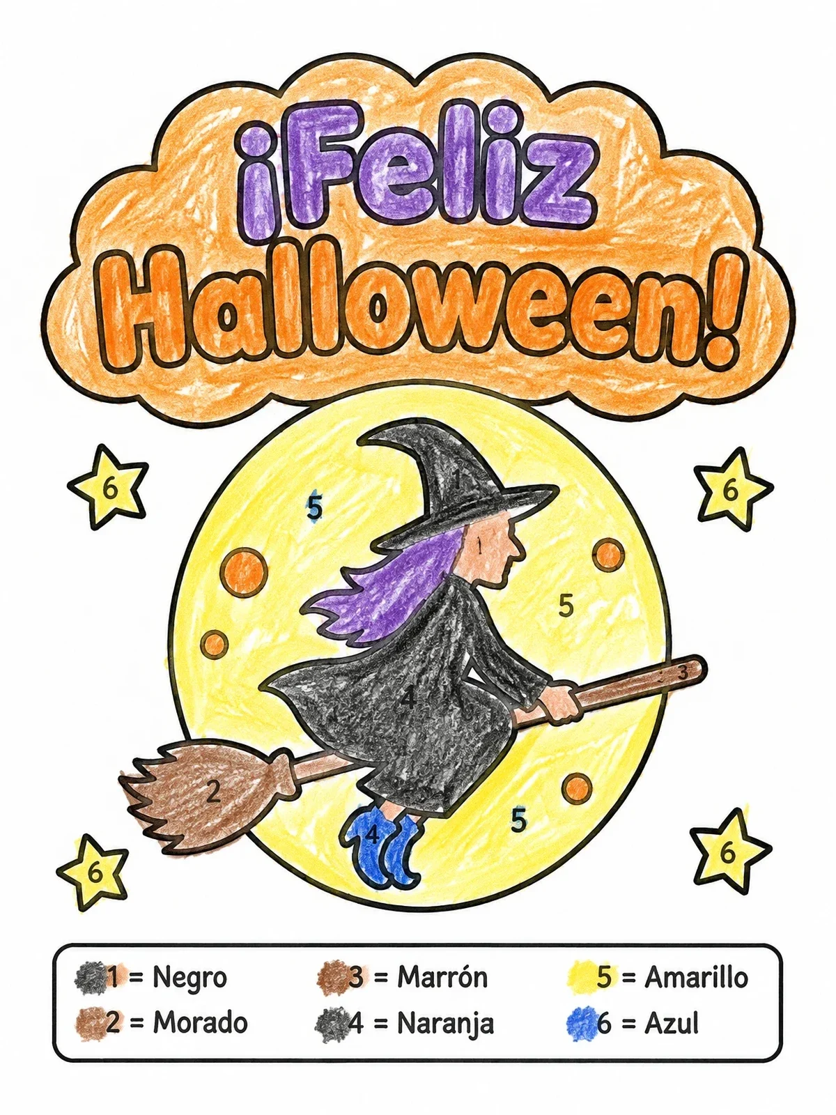 Colored example of the Color By Number Spanish Halloween Witch coloring page
