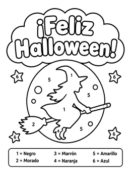 Free printable Color By Number Spanish Halloween Witch coloring page