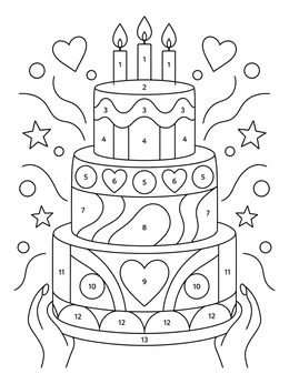 A tiered celebration cake coloring page decorated with candles and numbered patterns.