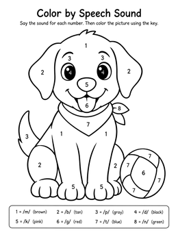 A friendly puppy activity in this speech therapy coloring page with sound practice keys.