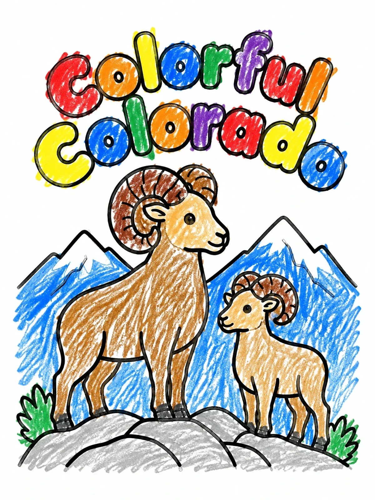 Colored example of the Bighorn Sheep In Colorado Mountains coloring page